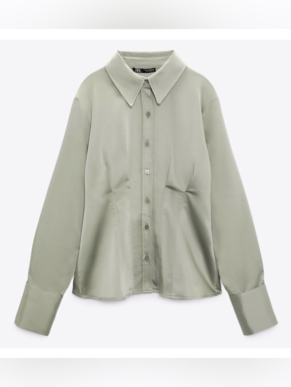 ZARA Light Sage Green Satin Button-Front Blouse